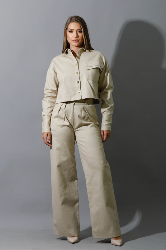 Co-ord Pleated Wide Leg Pants & Cropped Shirt - Beige