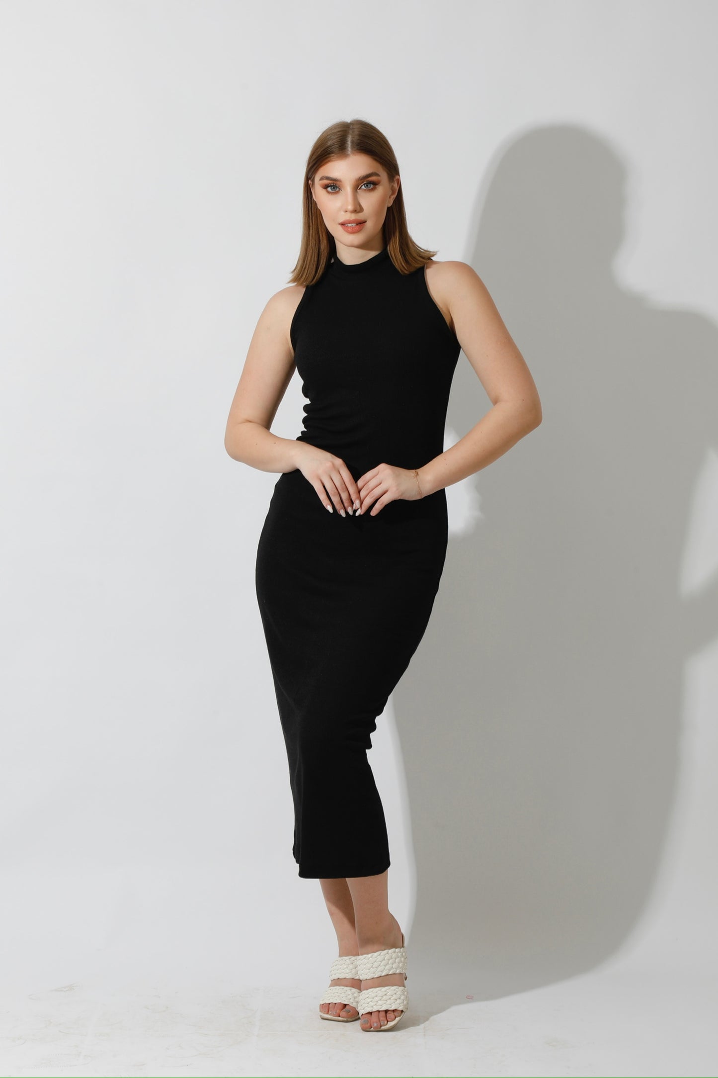 Slinky High Neck Midi Sleeveless Dress - Black