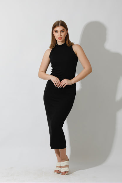 Slinky High Neck Midi Sleeveless Dress - Black