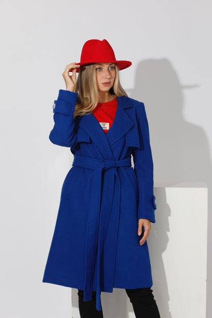 Woolen Wrapped Belted trench Coat - Electric Blue