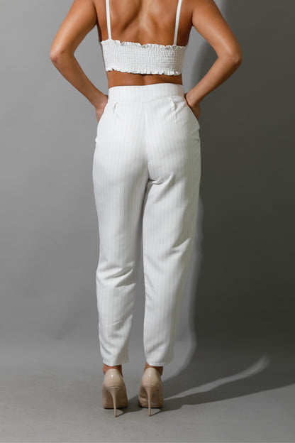 Striped Paper-bag Pants Co-Ord - White