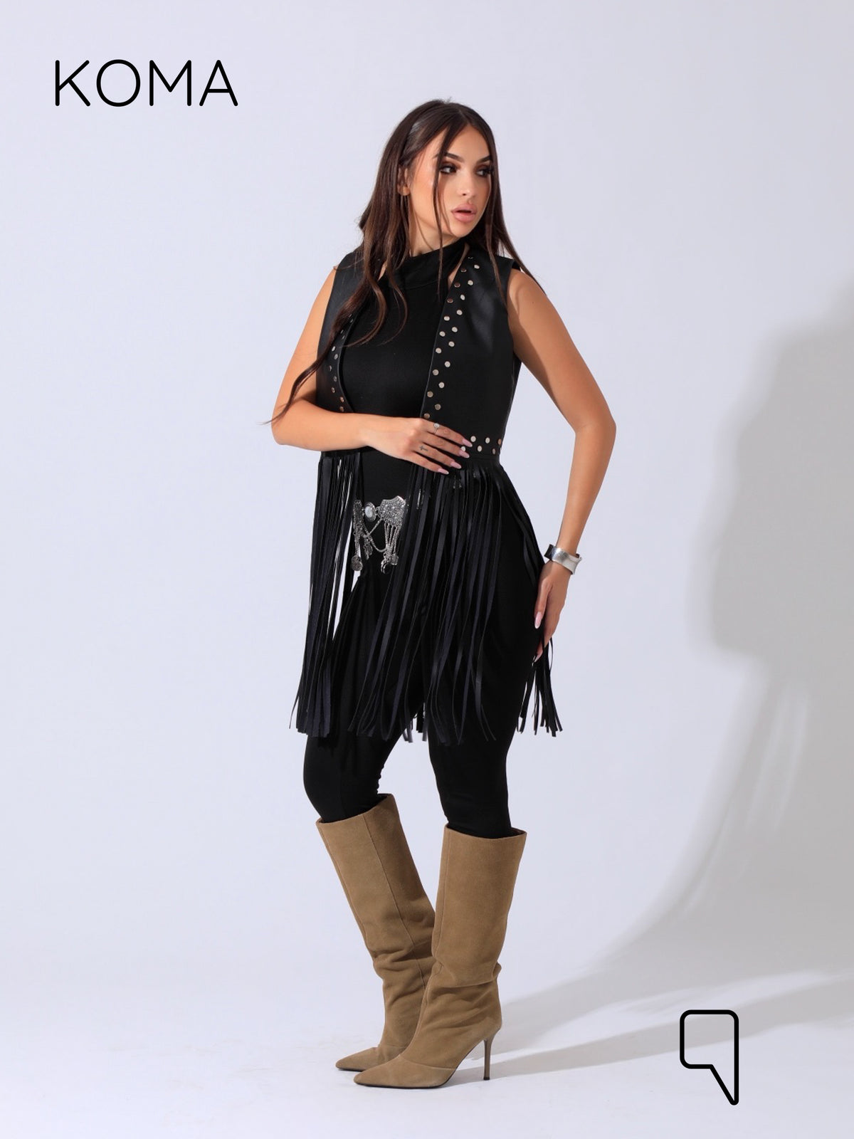 Nicci Leather Fringed Vest - Black