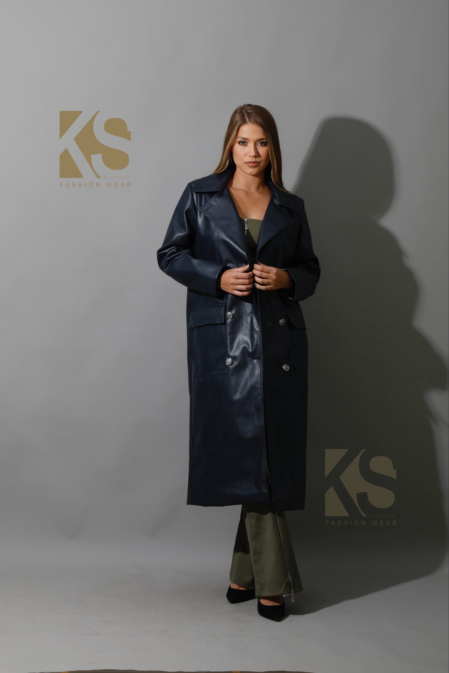 Textured Leather Coat - Navy