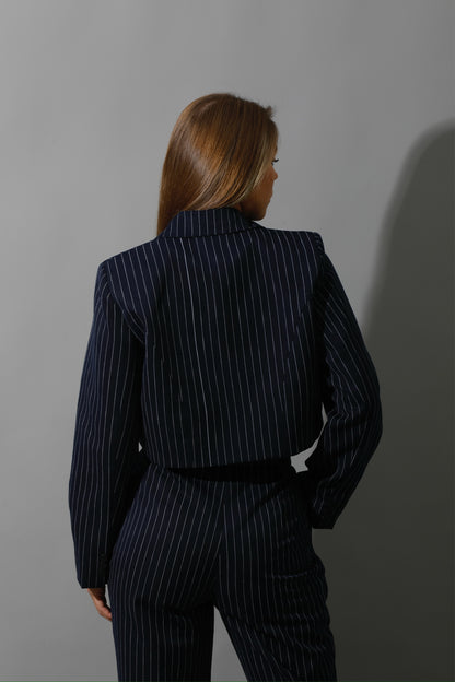 Striped Cropped Blazer, Bra Top & Paper-bag Pants Co-Ord - Navy