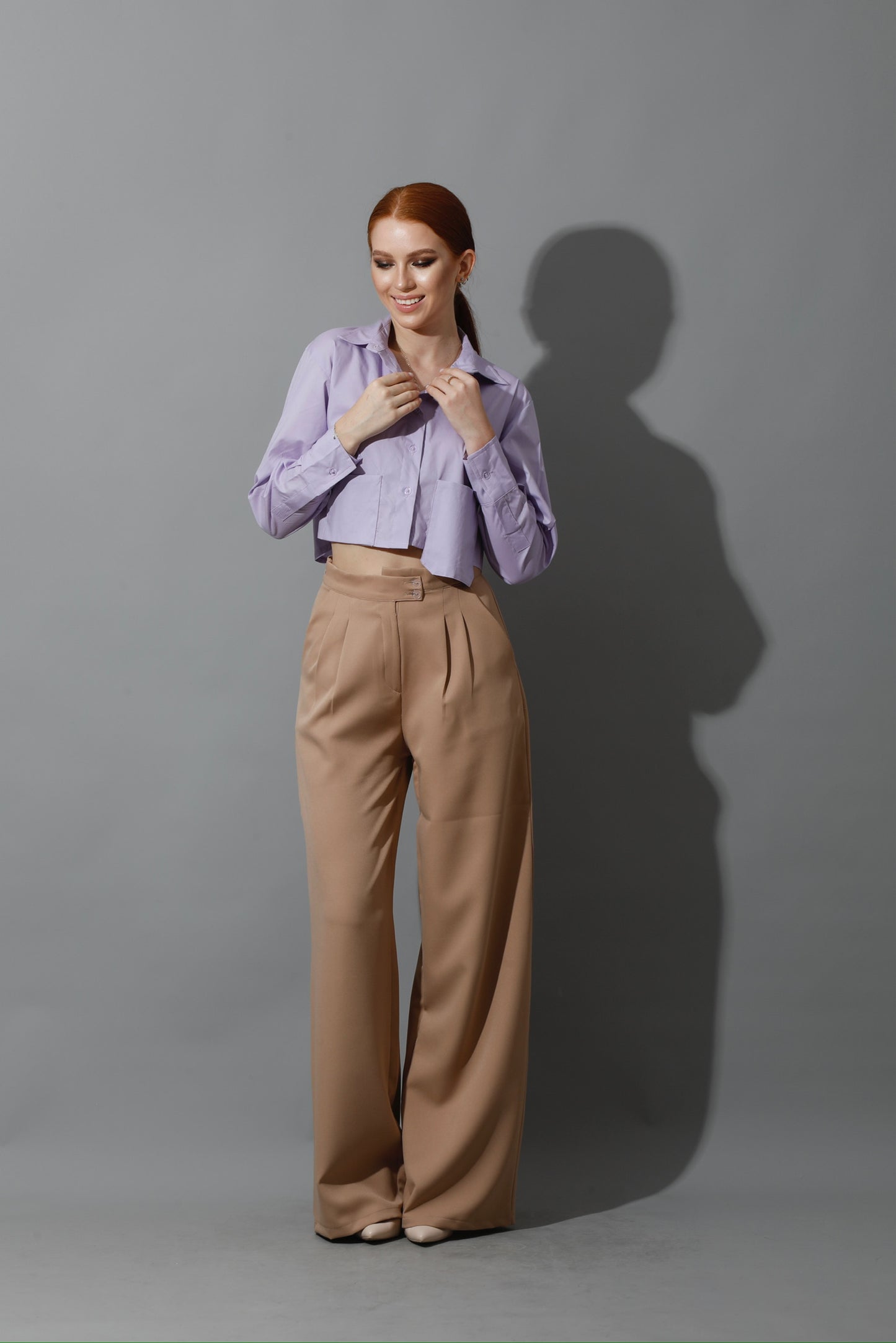 Noelle High Waist Wide Leg Trousers - Beige