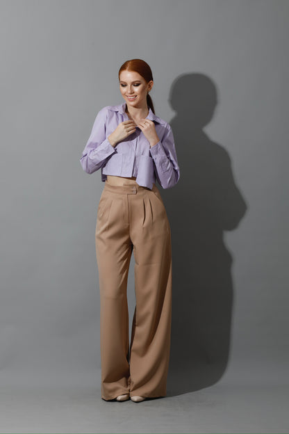Noelle High Waist Wide Leg Trousers - Beige