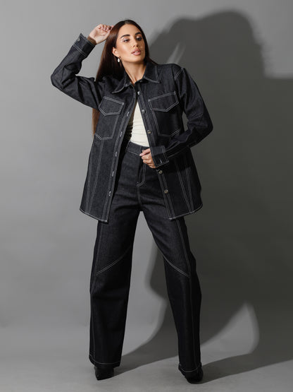 Co-Ord Jeans Cutout Shirt & Cutout Pants - Navy Blue