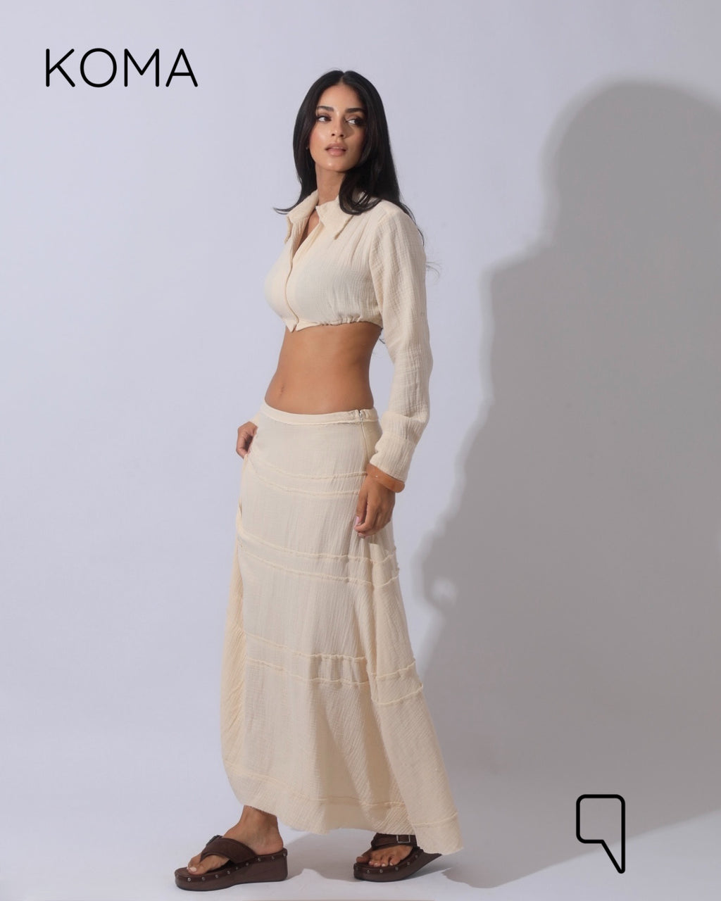 Greta Crincle Cropped Shirt & Skirt Set - Beige