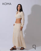 Greta Crincle Cropped Shirt & Skirt Set - Beige