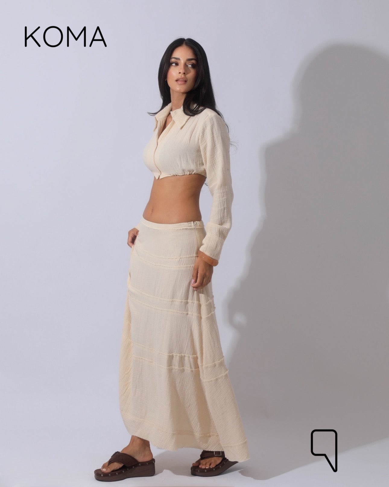 Greta Crincle Cropped Shirt & Skirt Set - Beige