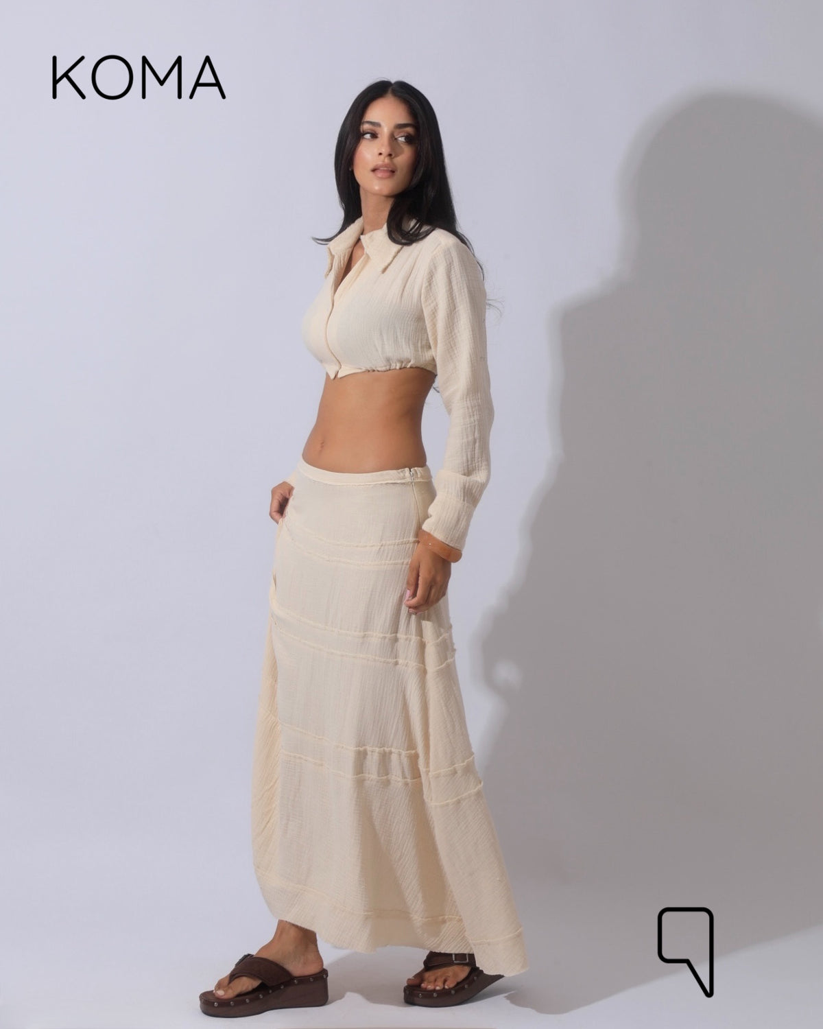 Greta Crincle Cropped Shirt & Skirt Set - Beige