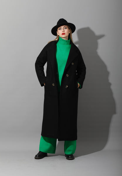 Darcy Long Double Breasted Coat - Black