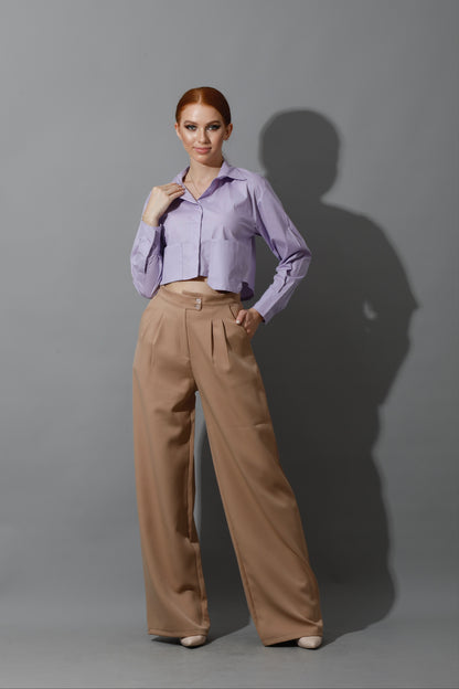 Noelle High Waist Wide Leg Trousers - Beige