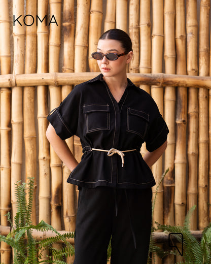 Leilani Stitched Shirt & Straight Trousers Set - Black