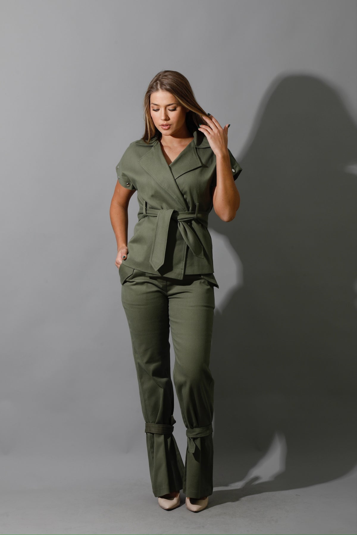 Co-Ord Detached Sleeves Jacket &  Tied BootCut pants - Olive