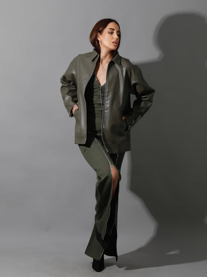 Leather Zipper Sleeved Jacket - Olive