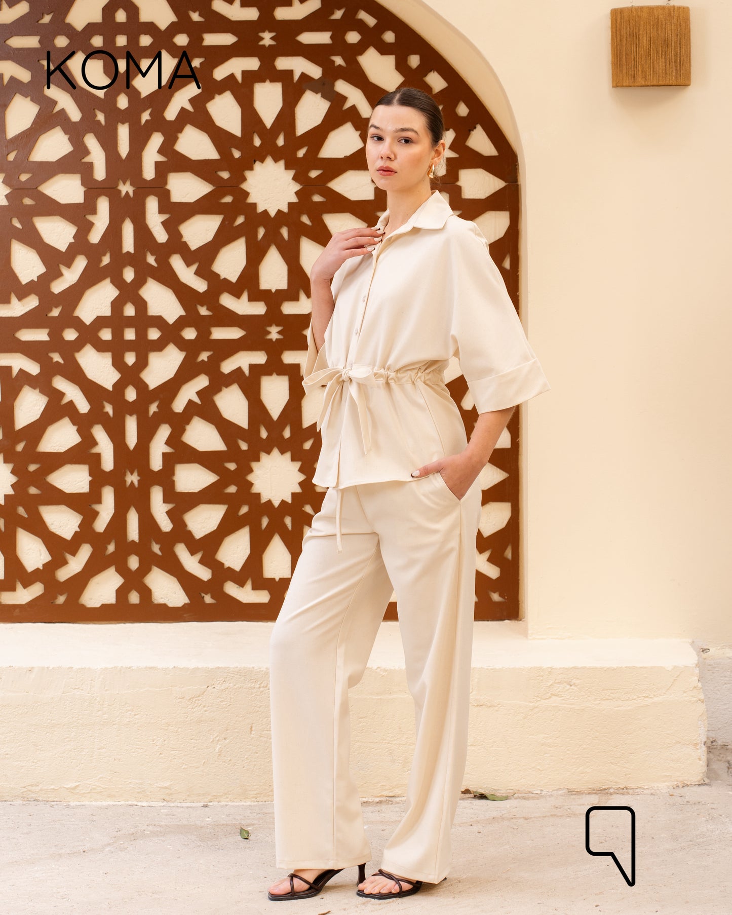Olivia Safari Shirt & Blend Straight Trousers Set - Beige