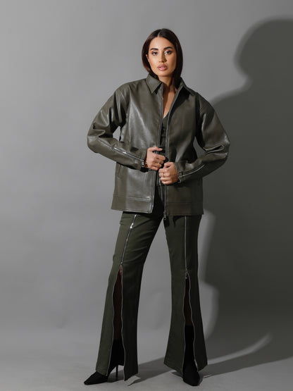 Leather Zipper Sleeved Jacket - Olive