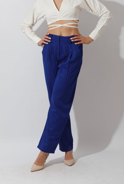 High Rise Paper-Bag Pants - Electric Blue