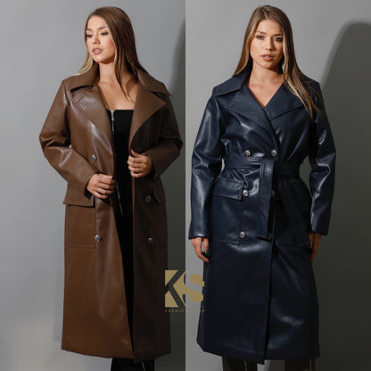 Textured Leather Coat - Navy