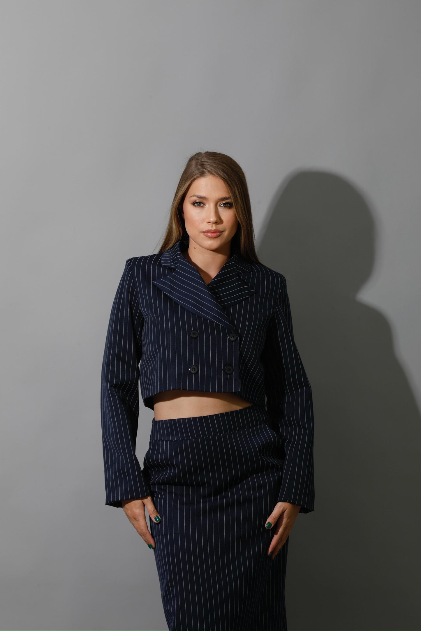 Striped Cropped Blazer, Bra Top & Maxi Skirt Co-Ord - Navy