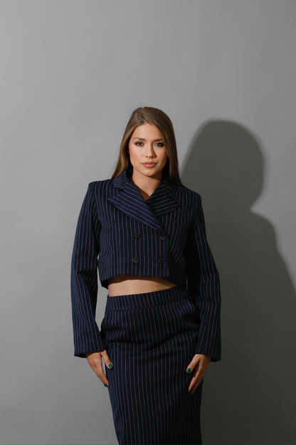 Striped Cropped Blazer Co-Ord - Navy