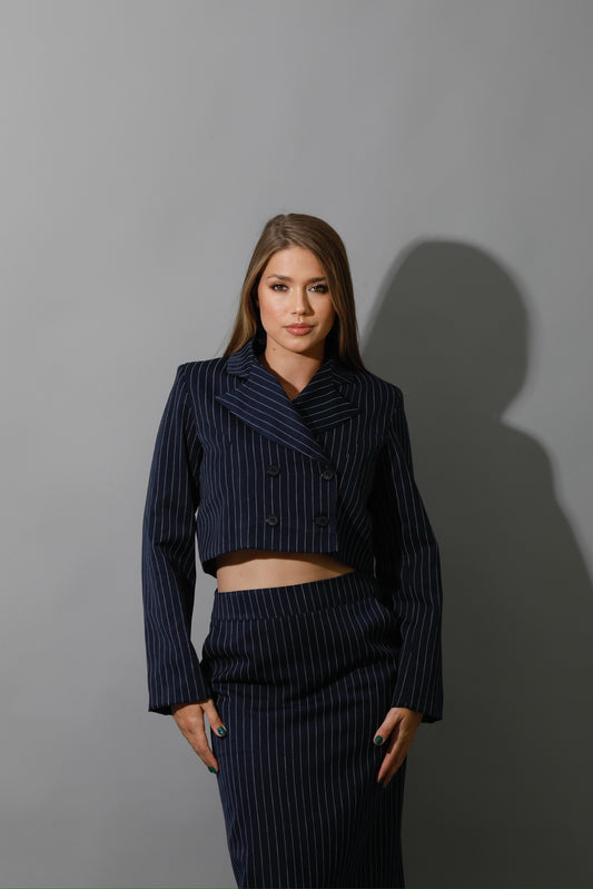 Striped Cropped Blazer Co-Ord - Navy