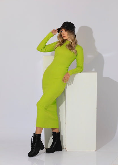 Slinky High Neck Midi Dress - Lime Green