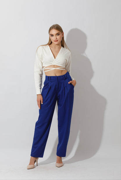 High Rise Paper-Bag Pants - Electric Blue