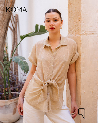 Hallie Checks Knotted Blend Shirt - Beige