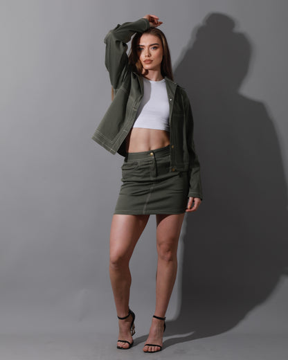 Co-Ord Gabardine Sleeves Jacket & Short Skirt - Olive