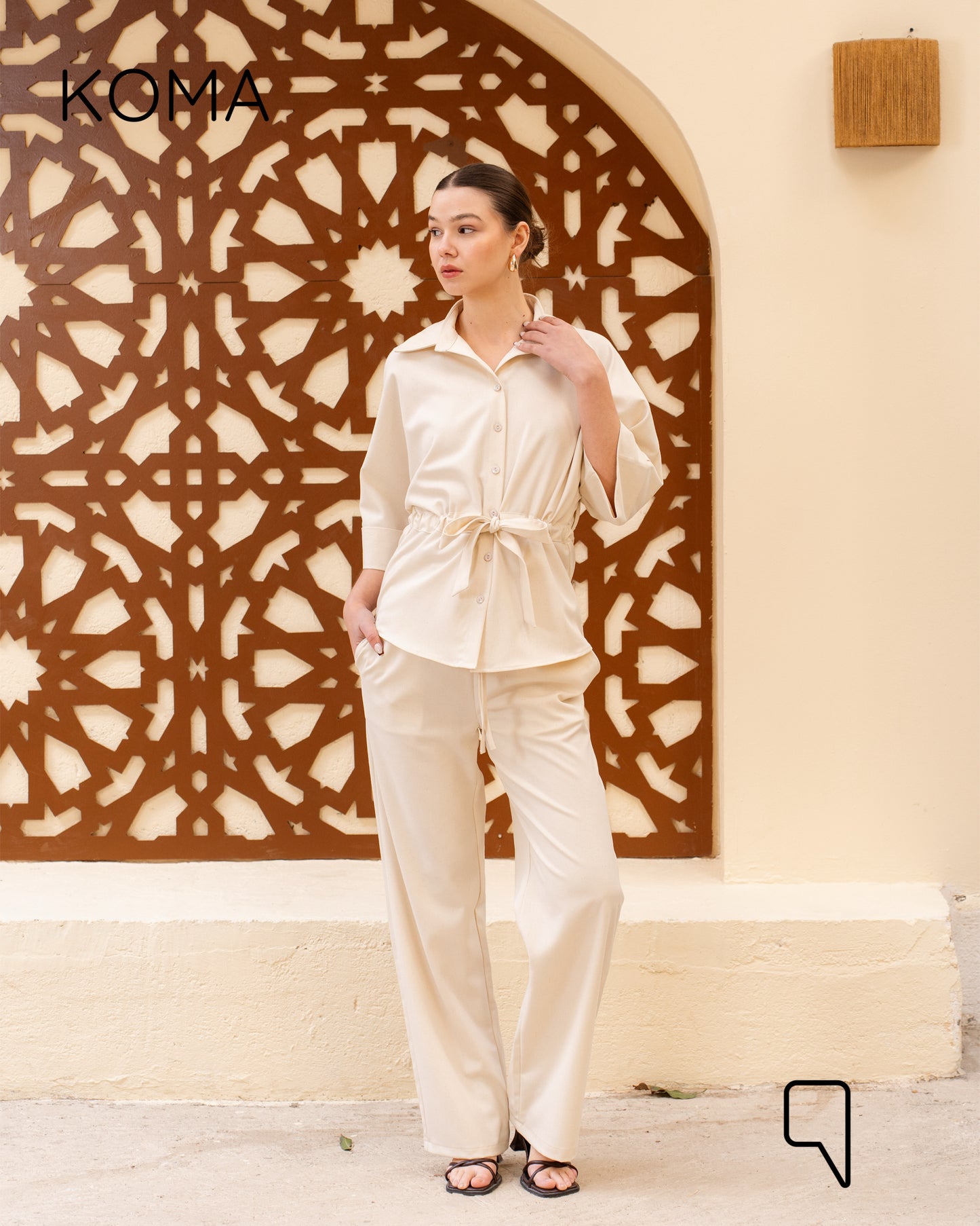 Olivia Safari Shirt & Blend Straight Trousers Set - Beige