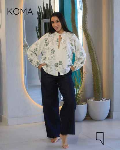 Elsie Rustic Textured Embroidered Blouse - Olive