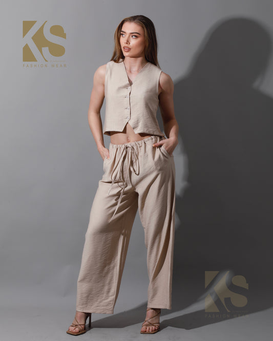Cropped Vest Set - Beige