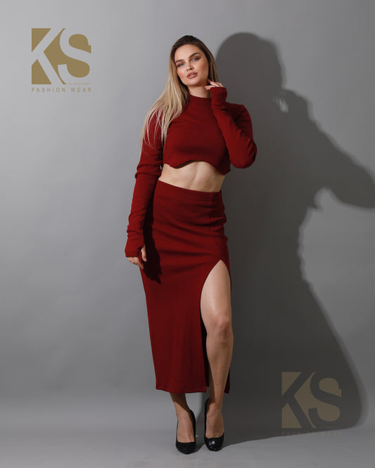 Co-ord Crop Top & Midi Skirt Rib Set - Maroon