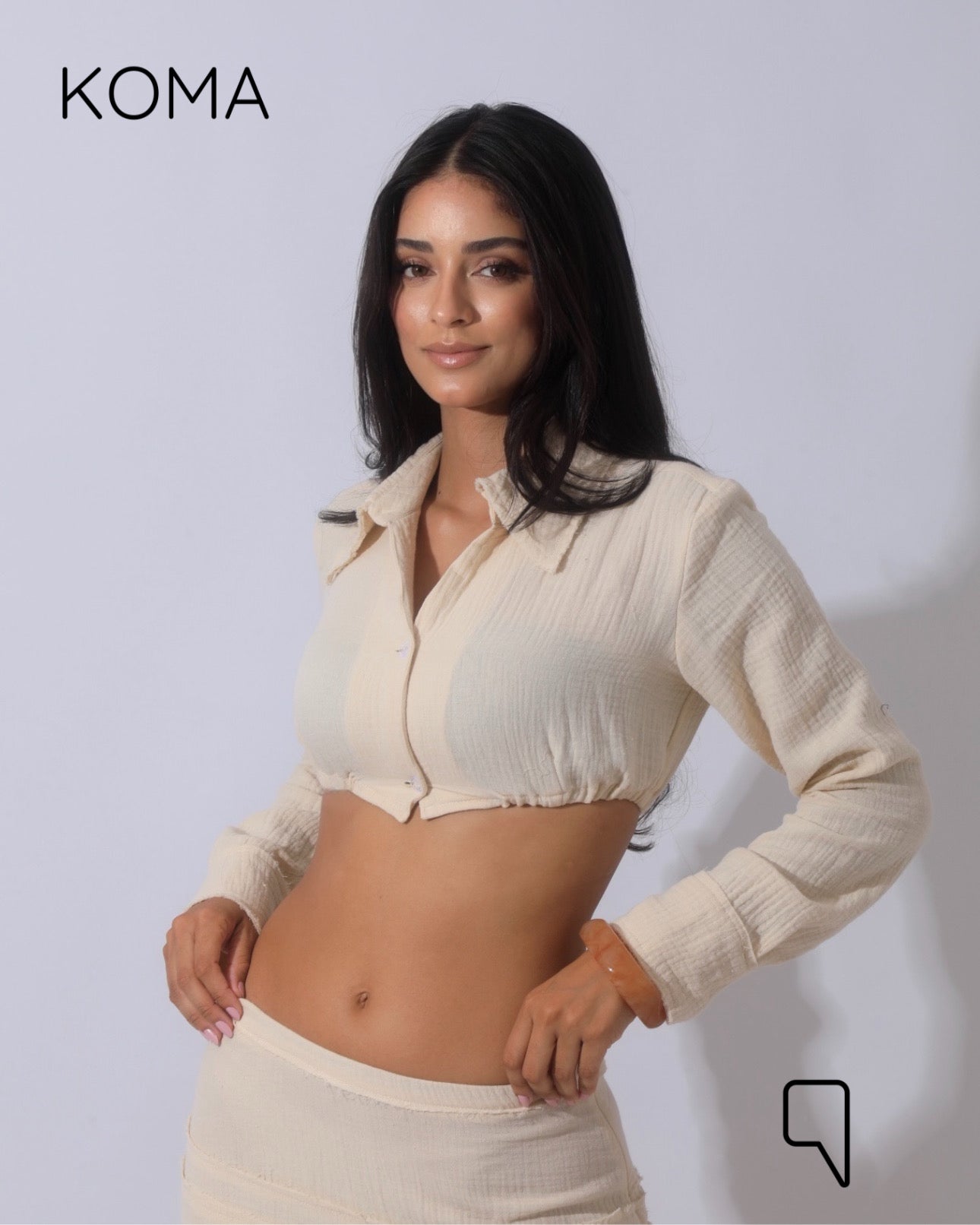 Greta Crincle Cropped Shirt & Skirt Set - Beige