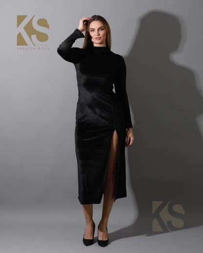 Front Slit Midi Dress - Black