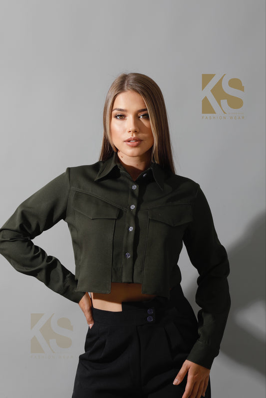 Pockets Cropped Shirt - Olive