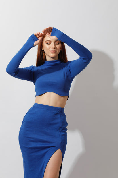 Co-ord Crop Top & Midi Skirt Rib Set - Electric Blue