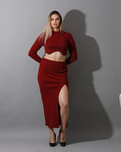 Co-ord Crop Top & Midi Skirt Rib Set - Maroon