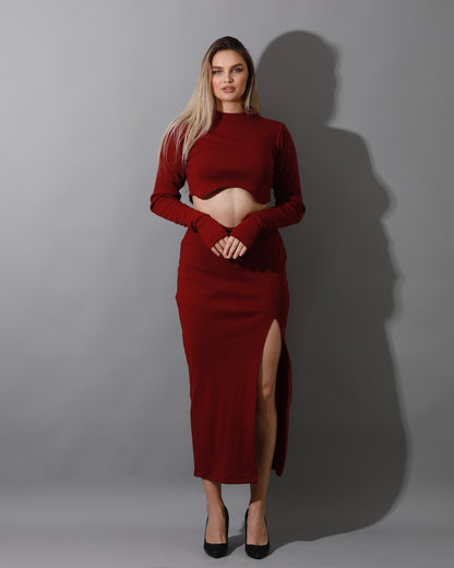 Co-ord Crop Top & Midi Skirt Rib Set - Maroon