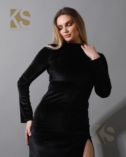 Front Slit Midi Dress - Black