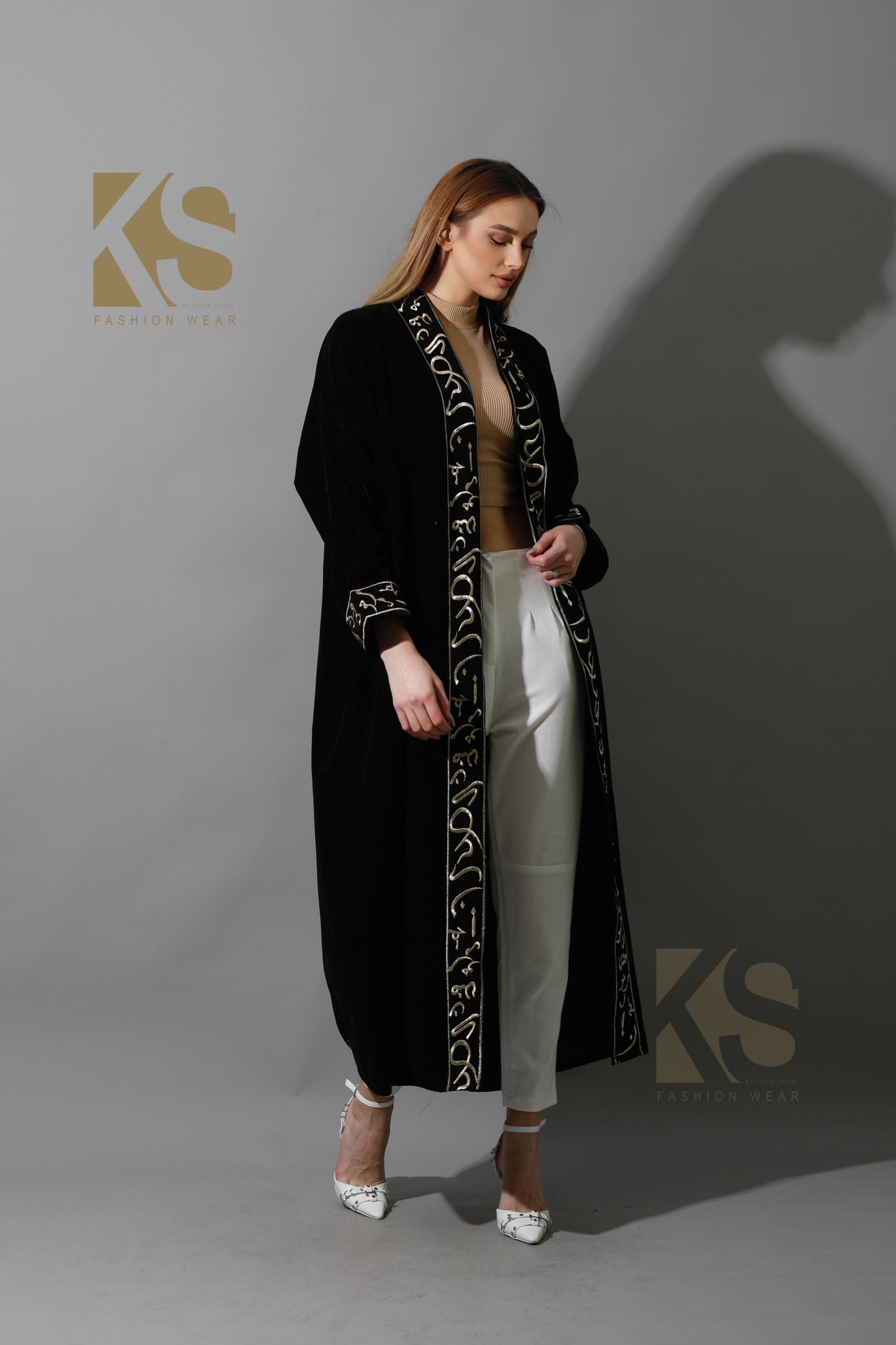 Arabic Letter Long Kaftan - Black & Gold