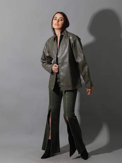 Leather Zipper Sleeved Jacket - Olive