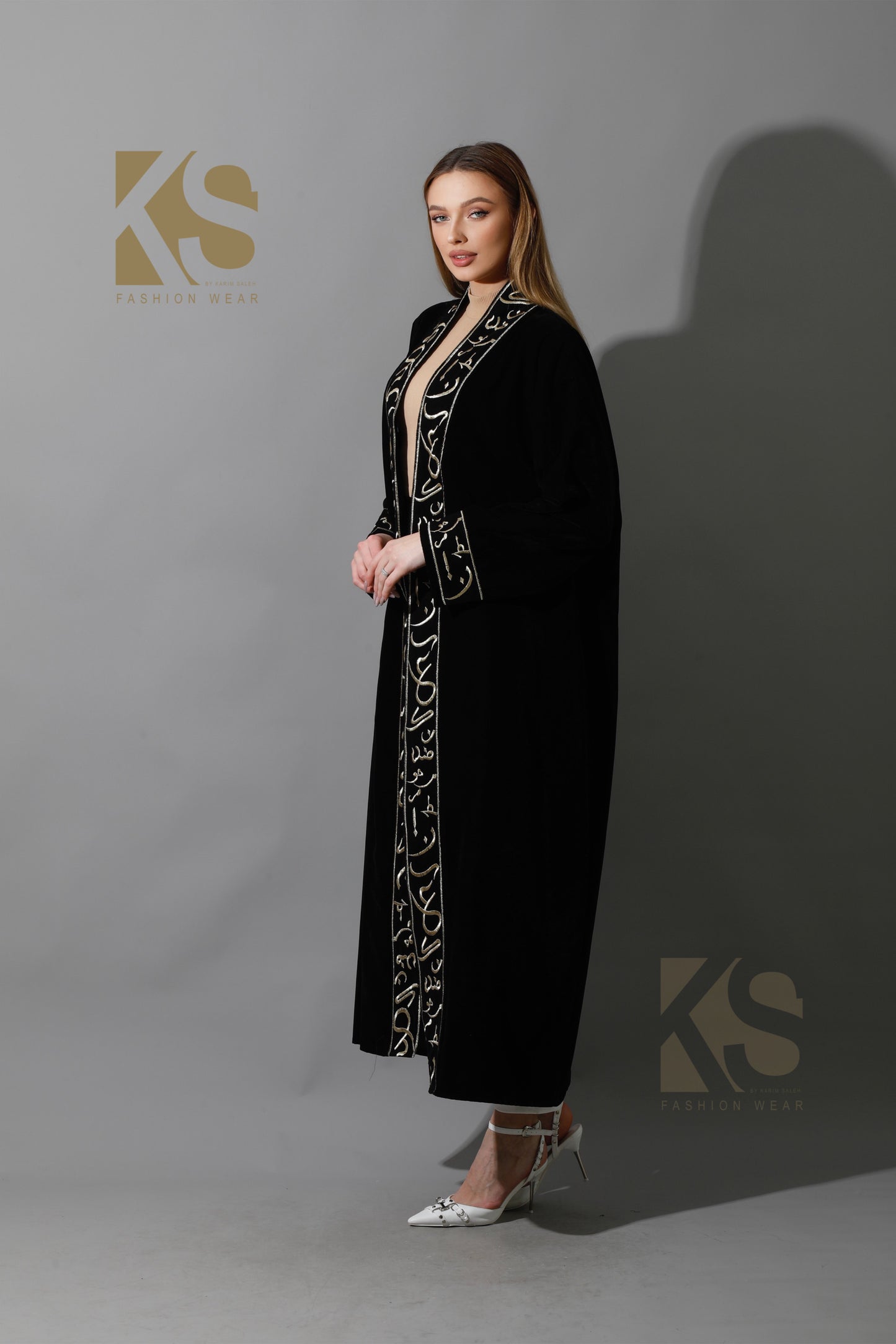 Arabic Letter Long Kaftan - Black & Gold