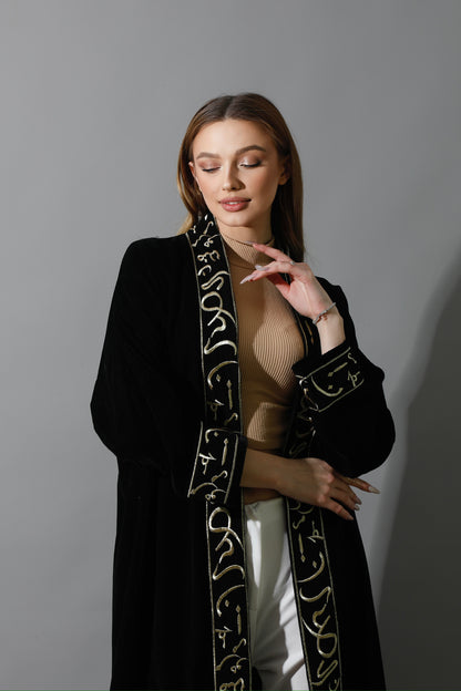 Arabic Letter Long Kaftan - Black & Gold