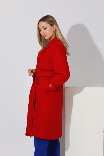 Woolen Wrapped Belted trench Coat - Red