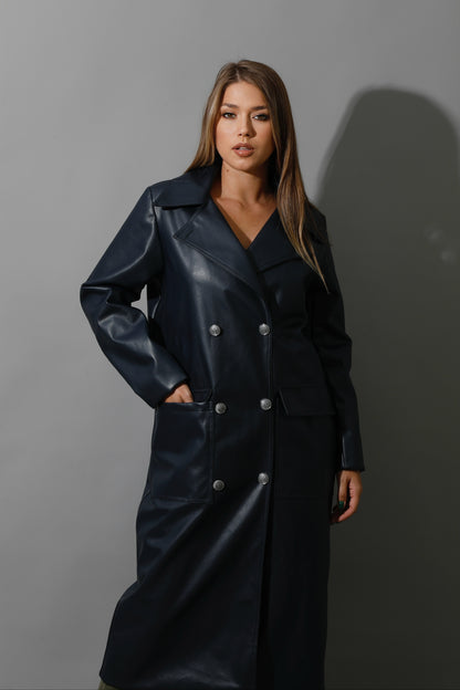 Textured Leather Coat - Navy