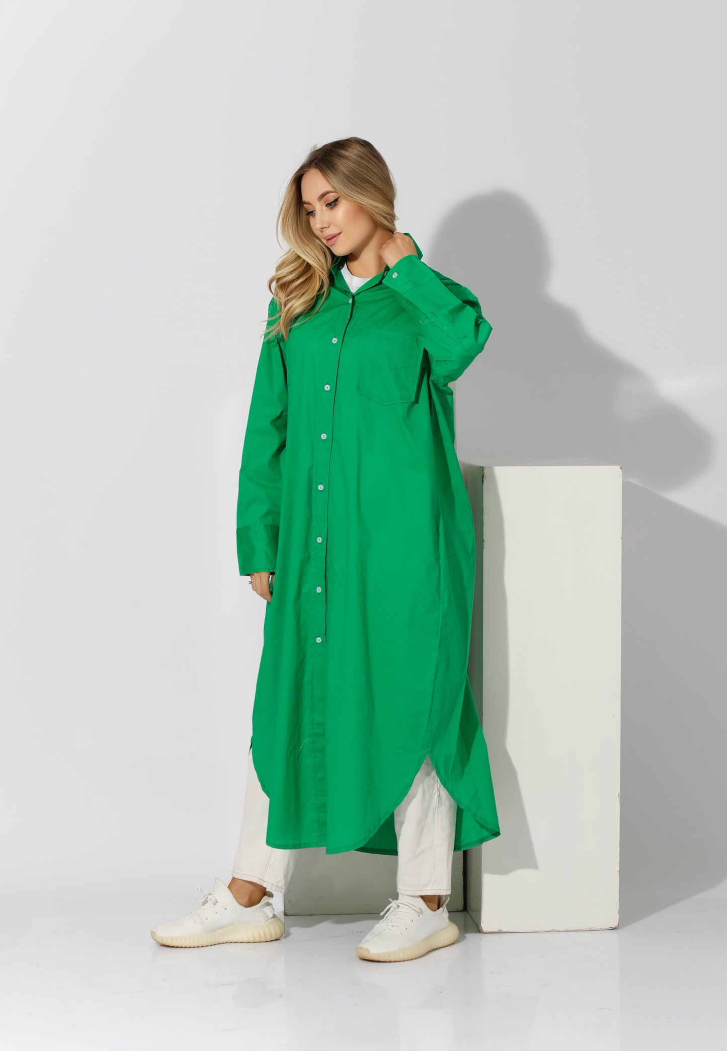 Long Oversized Shirt Dress - Green