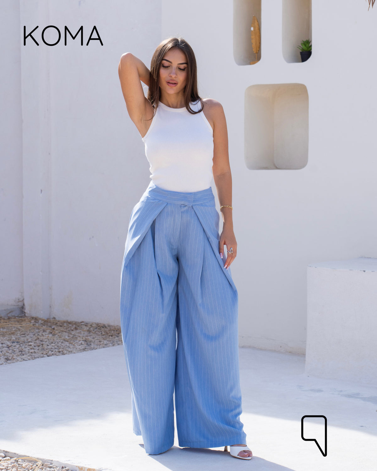 Stripped Double Pleated Trousers - Baby Blue